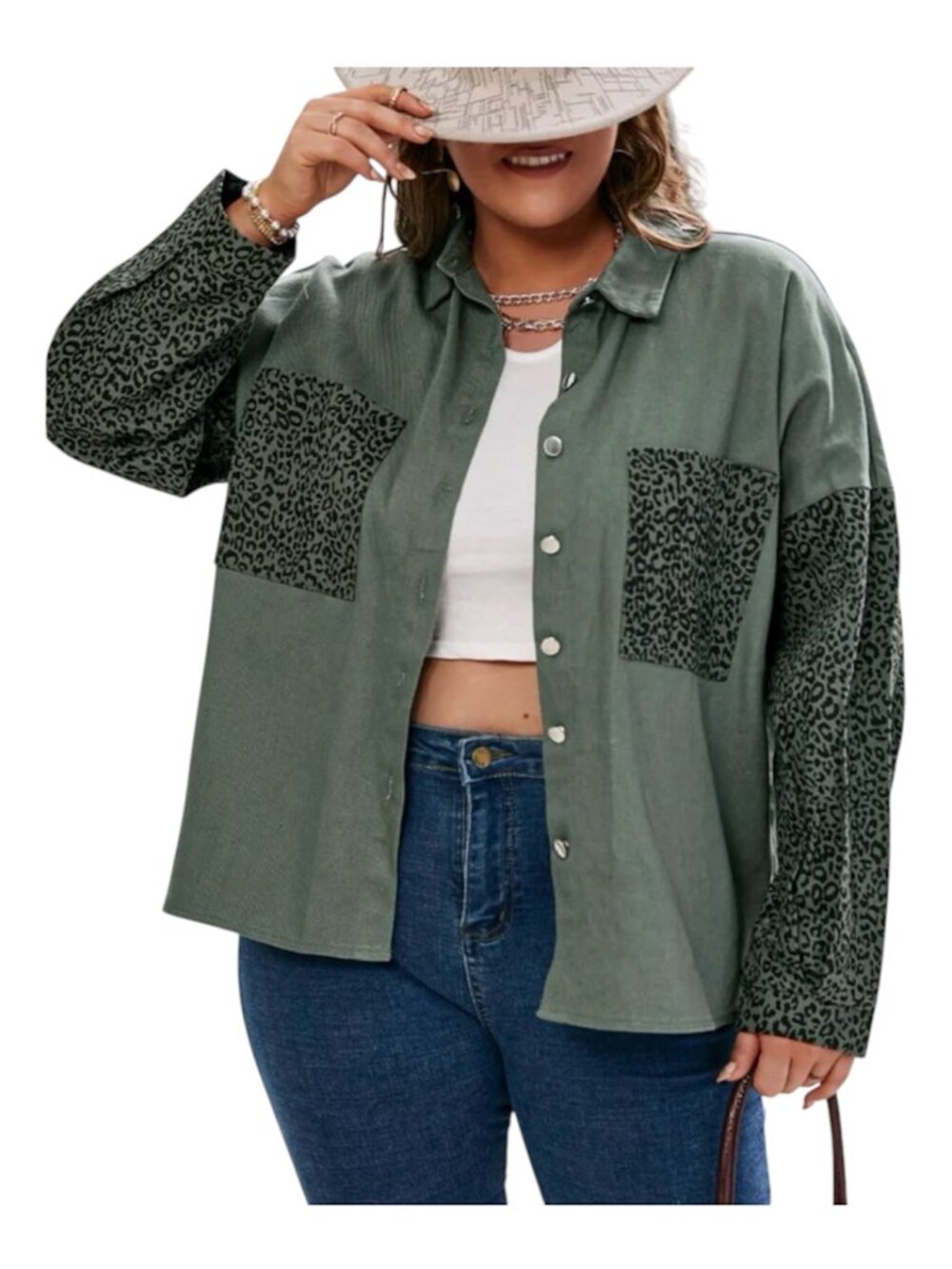 Shirt Jacket Olive Green Plus Size 2XL Plus Size